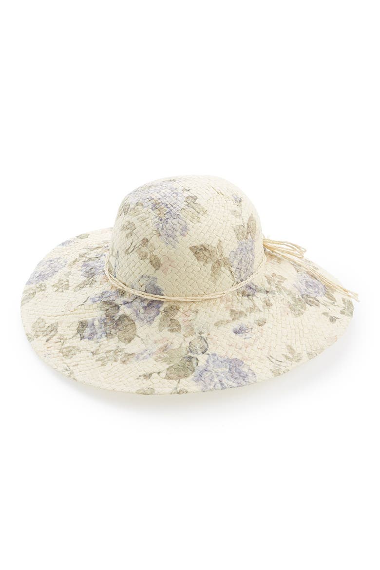 Floral Print Floppy Straw Hat, Main, color, PURPLE