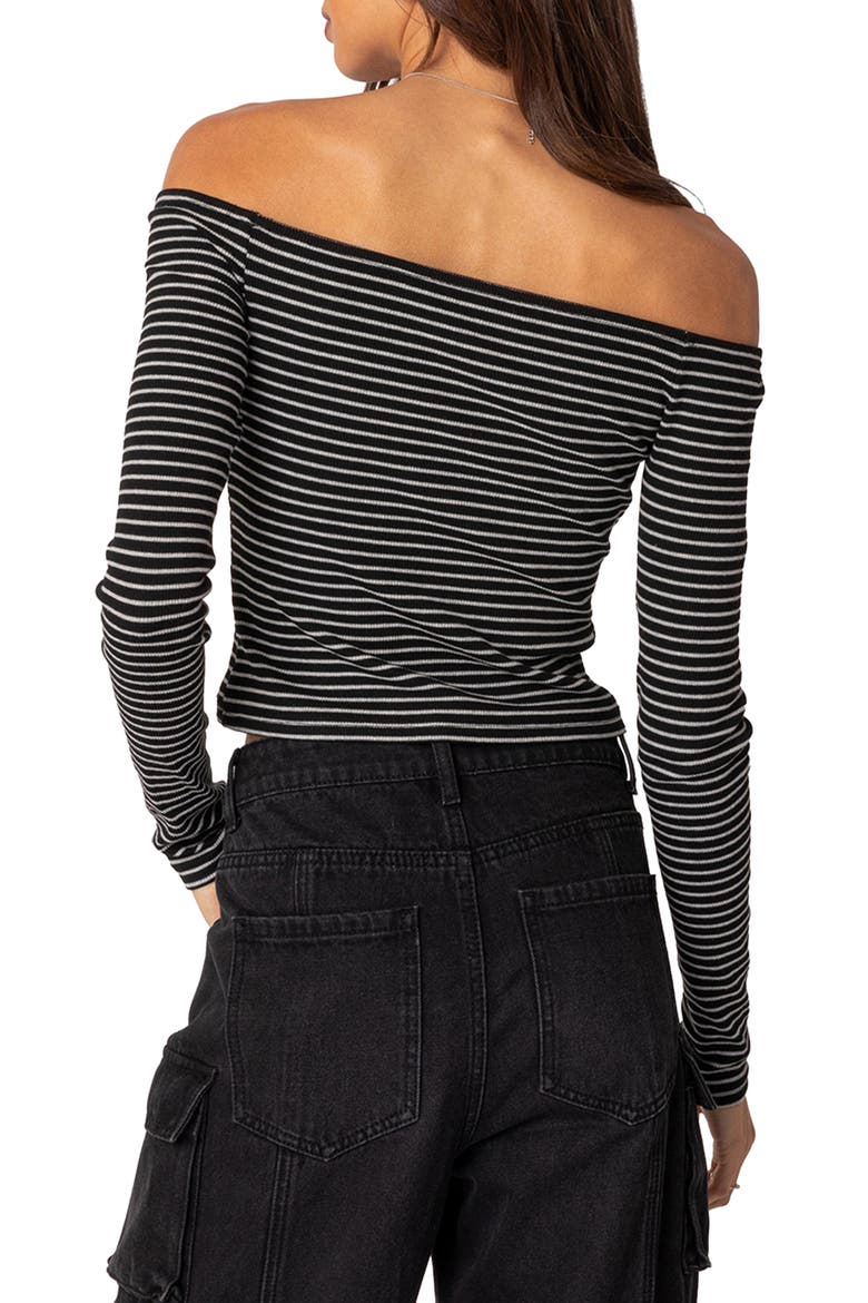 Canary Stripe Off the Shoulder Rib Crop Top, Alternate, color, BLACK