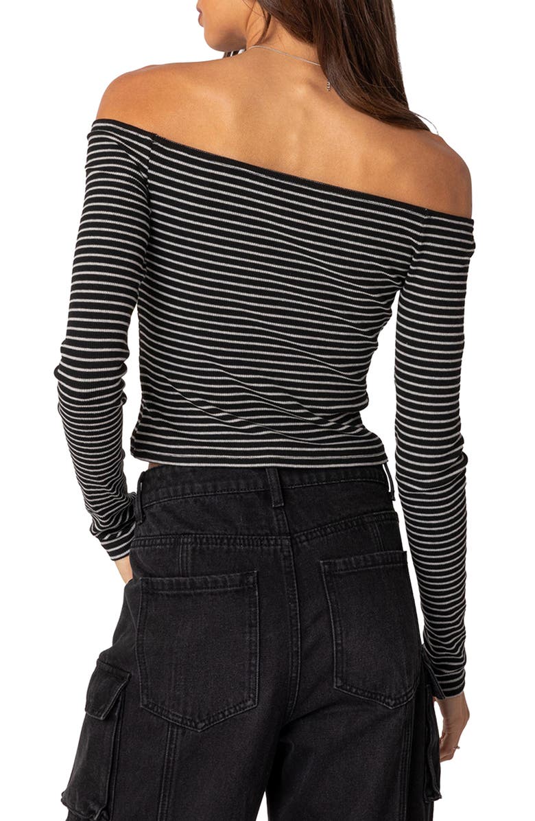 EDIKTED Canary Stripe Off the Shoulder Rib Crop Top, Alternate, color, Black