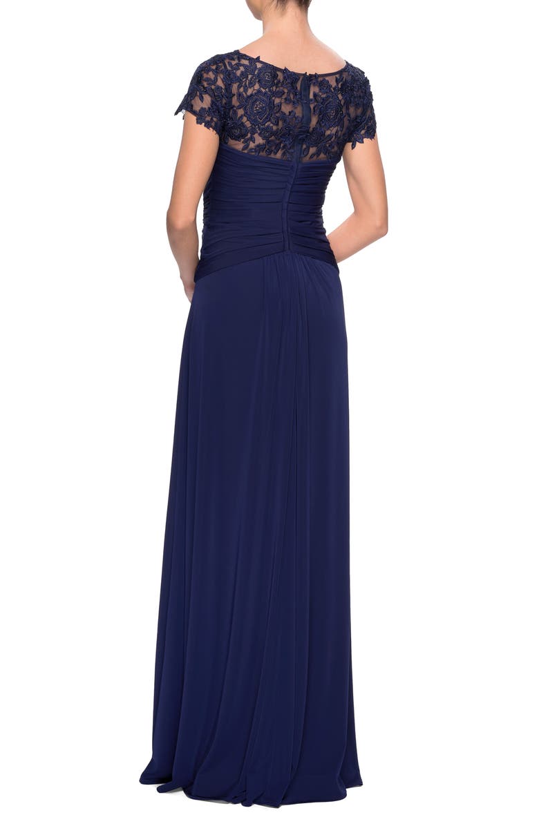 La Femme Illusion Yoke Twist Front Jersey Gown, Alternate, color, 