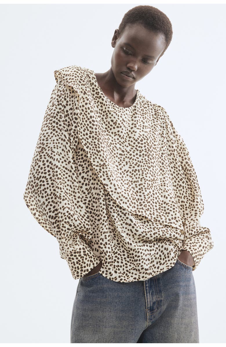 H&M Cape-detail Blouse, Alternate, color, Cream/Cheetah Print