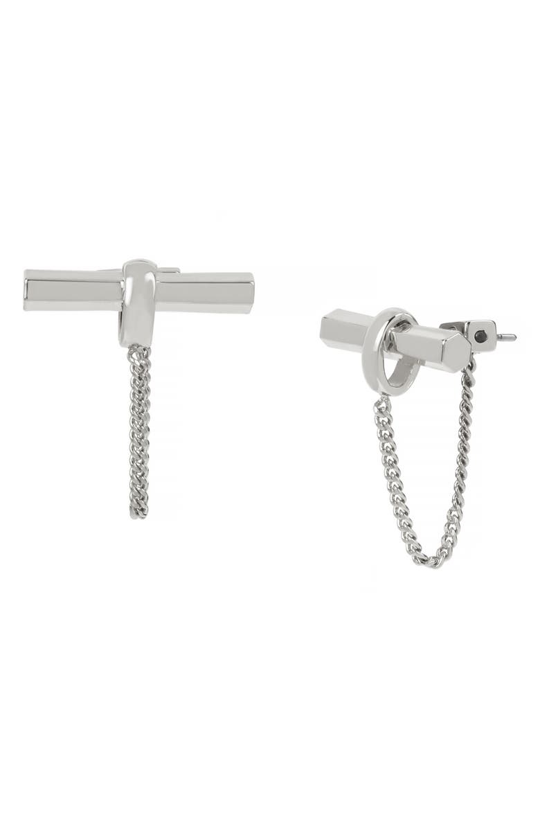AllSaints Toggle & Chain Draped Front/Back Earrings, Alternate, color, Rhodium