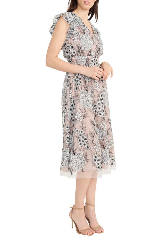 Maggy London Floral Flutter Sleeve Smock Waist Midi Dress In Black/ivory