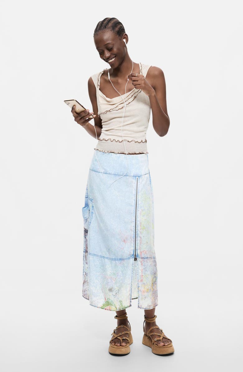 Desigual Graphic Print Straight Midi Denim Skirt, Alternate, color,