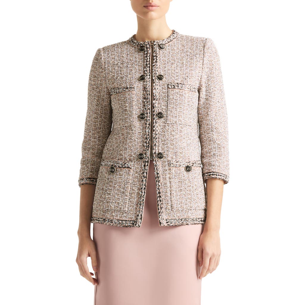 St John St. John Collection Three-quarter Sleeve Tweed Jacket In Black/ivory/pink Multi