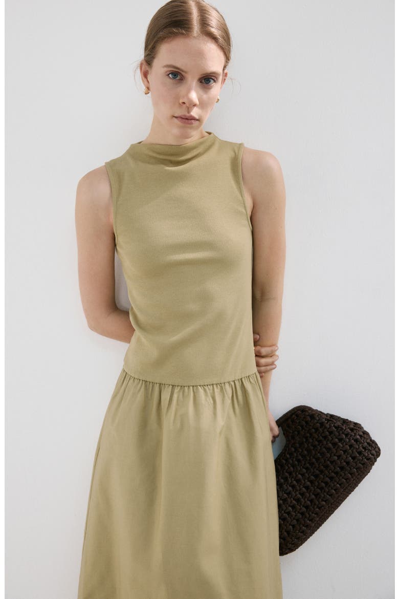 Mixed Media Stretch Cotton Midi Dress, Alternate, color, OLIVE GREEN
