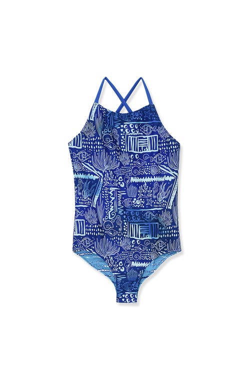 Lands' End Girls Chlorine Resistant Reversible One Piece Swimsuit In Tiki Ocean/aqua Bubbles
