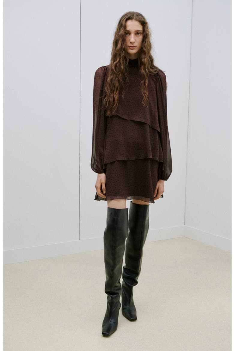 Dot Ruffle Long Sleeve Minidress, Alternate, color, BROWN