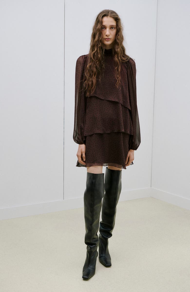 MANGO Dot Ruffle Long Sleeve Minidress, Alternate, color, Brown