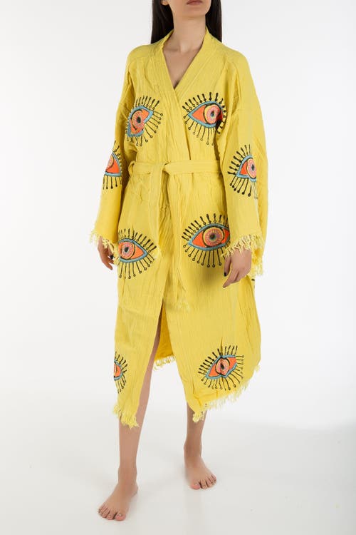 Forever & Always Shoes Aria Evil Eye Handmade Cotton Kimono In Yellow