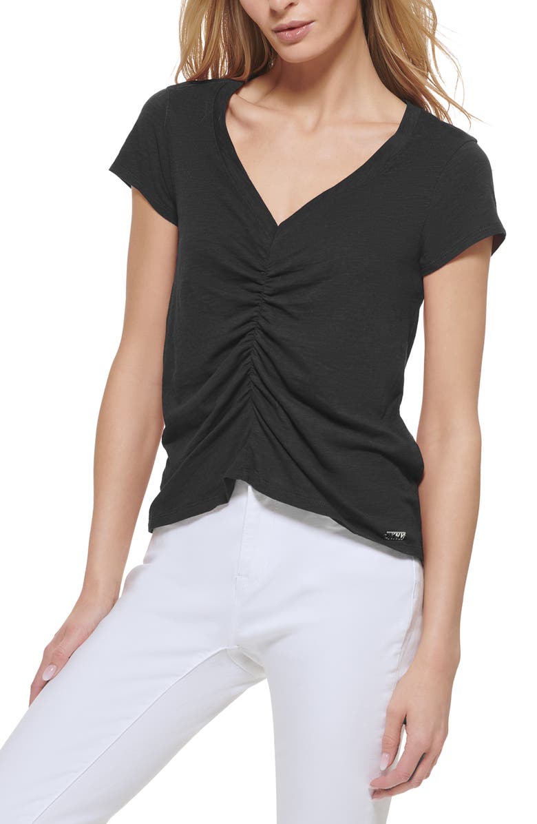 DKNY V-Neck Gather Front T-Shirt, Main, color,