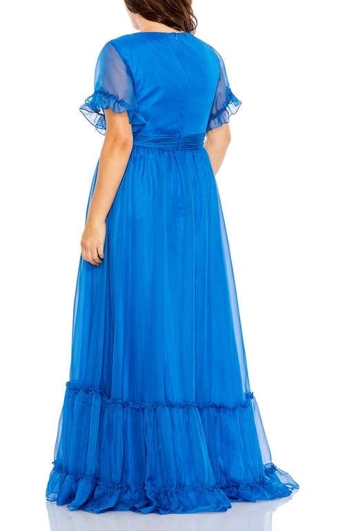 Mac Duggal Chiffon Faux Wrap Flutter Sleeve Tiered Gown In Ocean Blue