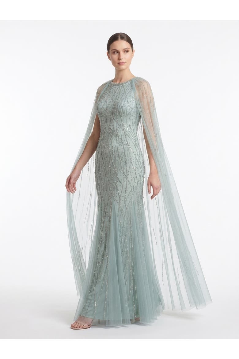 Elegant Beaded Dress with Long Cape, Alternate, color, Dusty Green