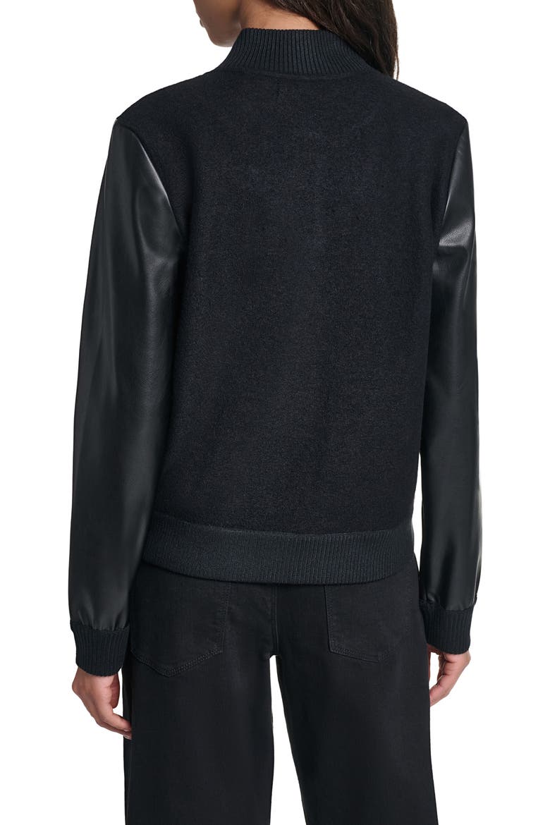 Karl Wool Blend Varsity Jacket with Faux Leather Sleeves, Alternate, color, BLACK