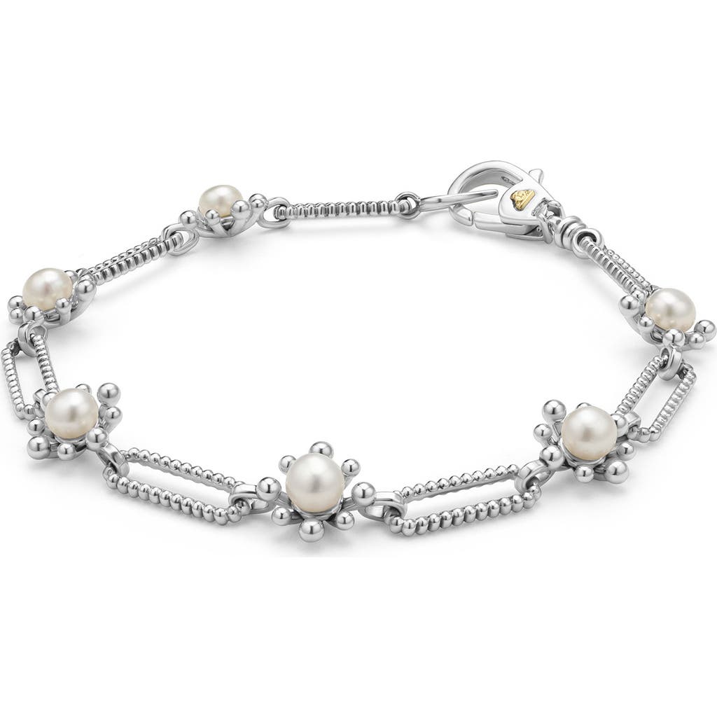Lagos Sterling Silver Luna Cultured Pearl Fleur Link Bracelet In Silver