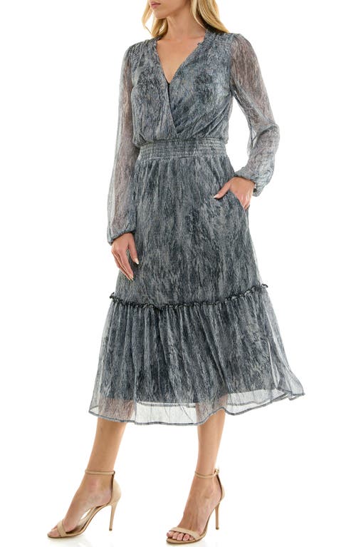 Socialite Metallic Long Sleeve Tiered Chiffon Midi Dress In Gray