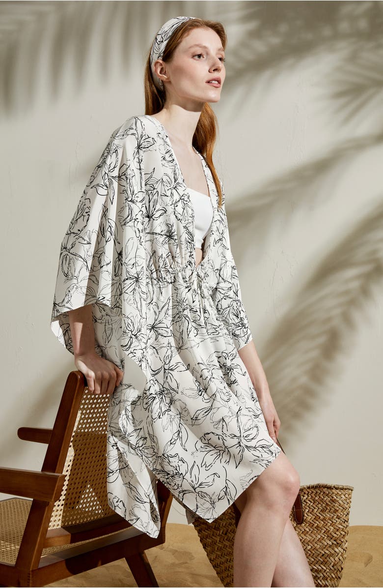 Lilysilk Floral Sketch Silk Cardigan, Alternate, color, Black-White Floral Pattern