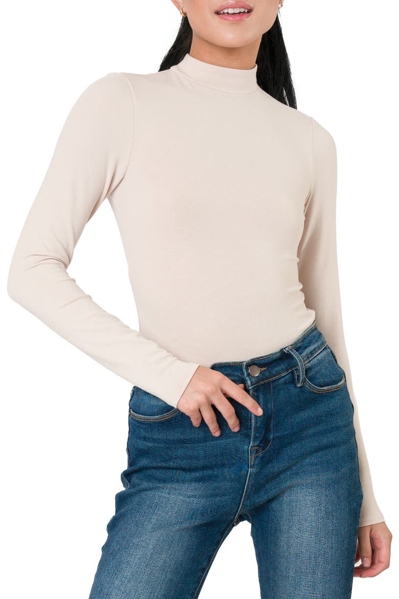 Mock Neck Long Sleeve Thong Bodysuit, Main, color, SEASHELL