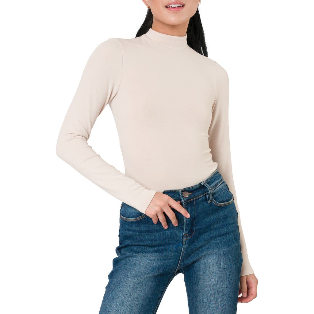 Gibsonlook Mock Neck Long Sleeve Thong Bodysuit In Neutral
