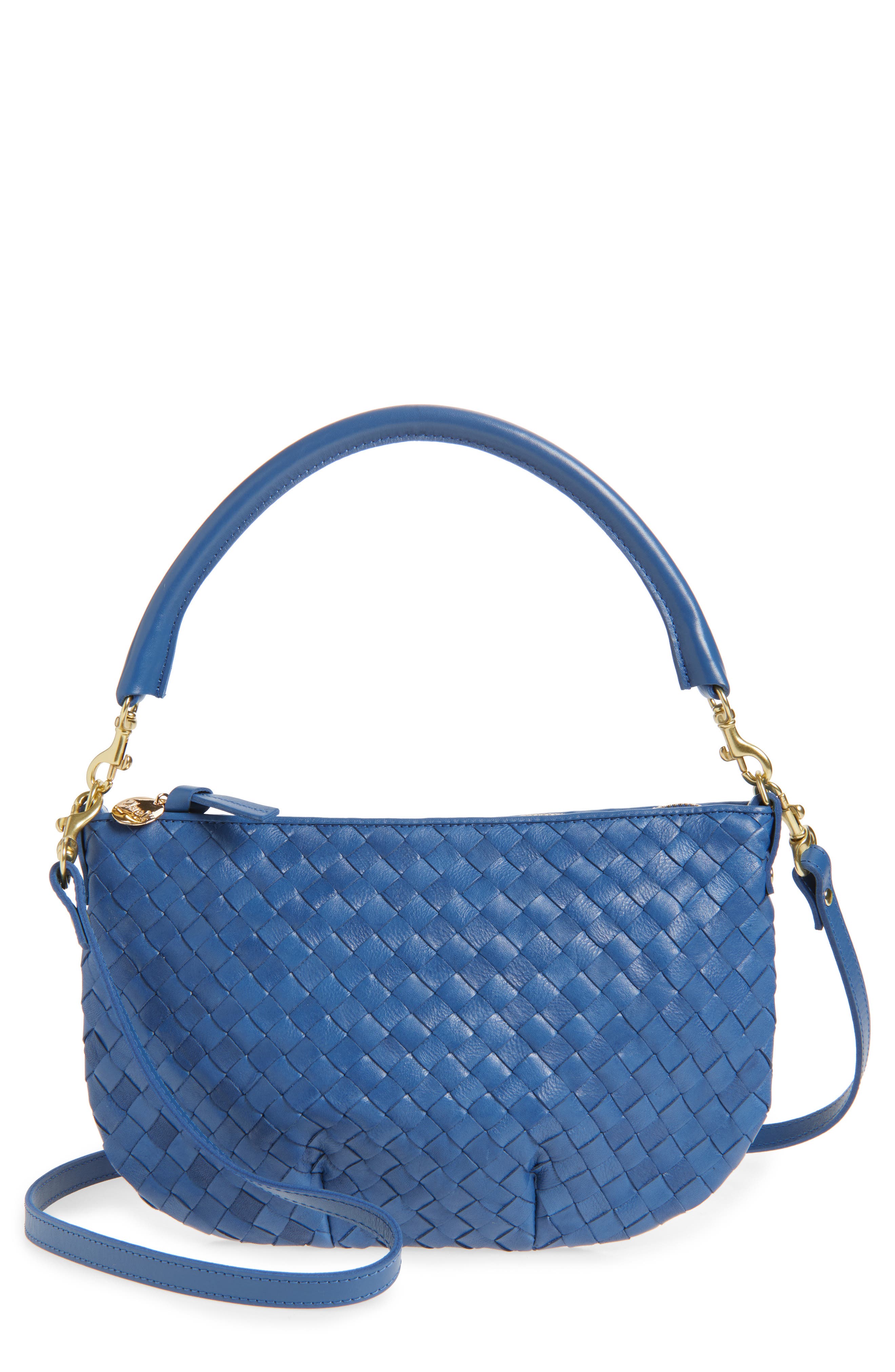 Clare V. Medium Petit Moyen Woven Leather Messenger Bag, Main, color, French Blue