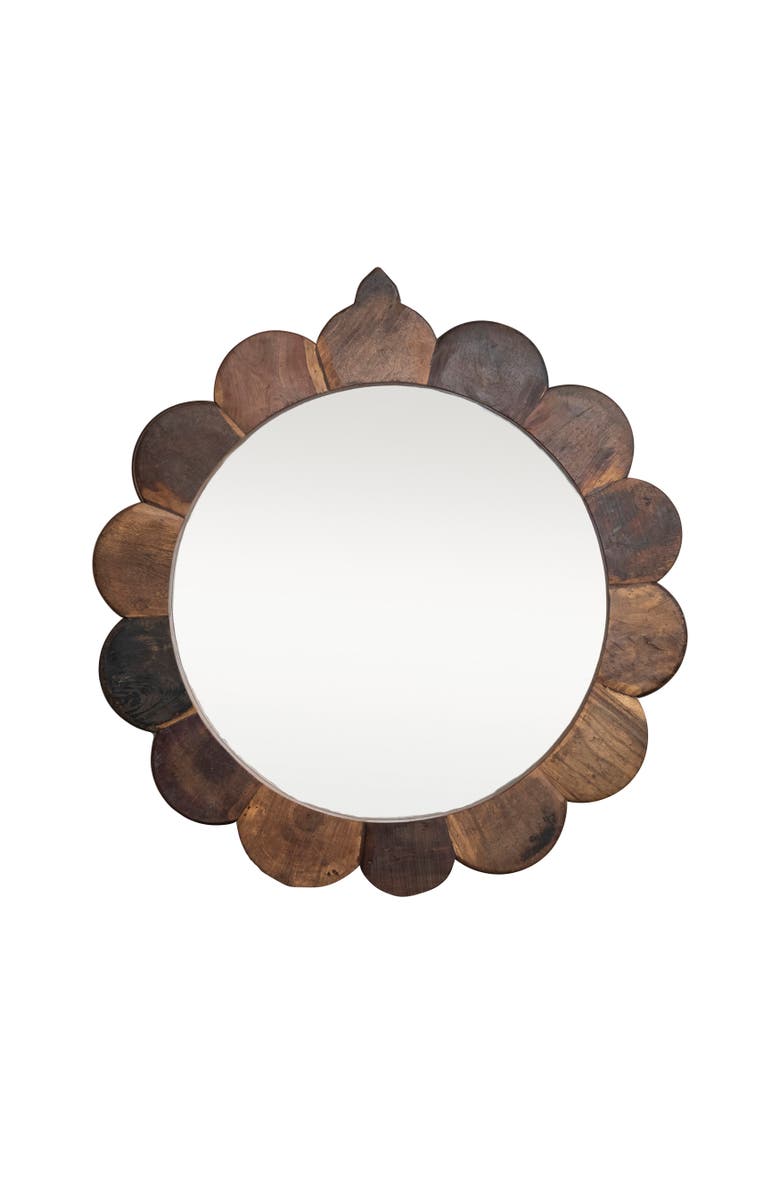 Storied Home 35 Inches Round Vintage Reclaimed Wood Framed Scalloped Wall Mirror, Natural, Main, color, Natural