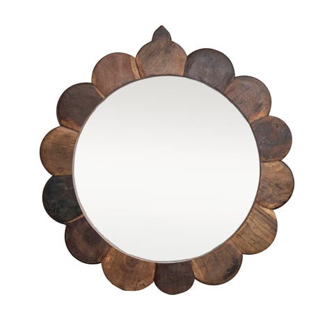 35 Inches Round Vintage Reclaimed Wood Framed Scalloped Wall Mirror, Natural