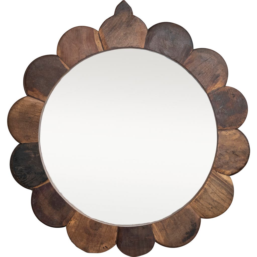 Storied Home 35 Inches Round Vintage Reclaimed Wood Framed Scalloped Wall Mirror, Natural In Brown