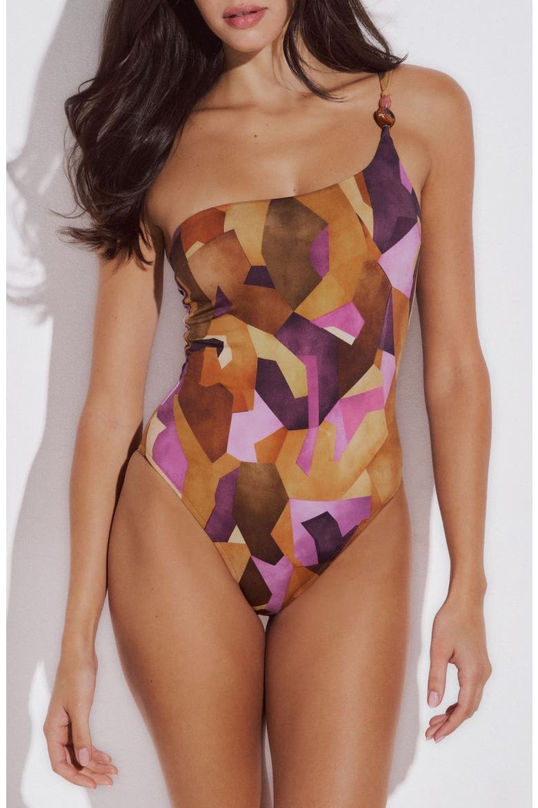 Artemis One Shoulder Swimsuit, Main, color, Geometric Purple