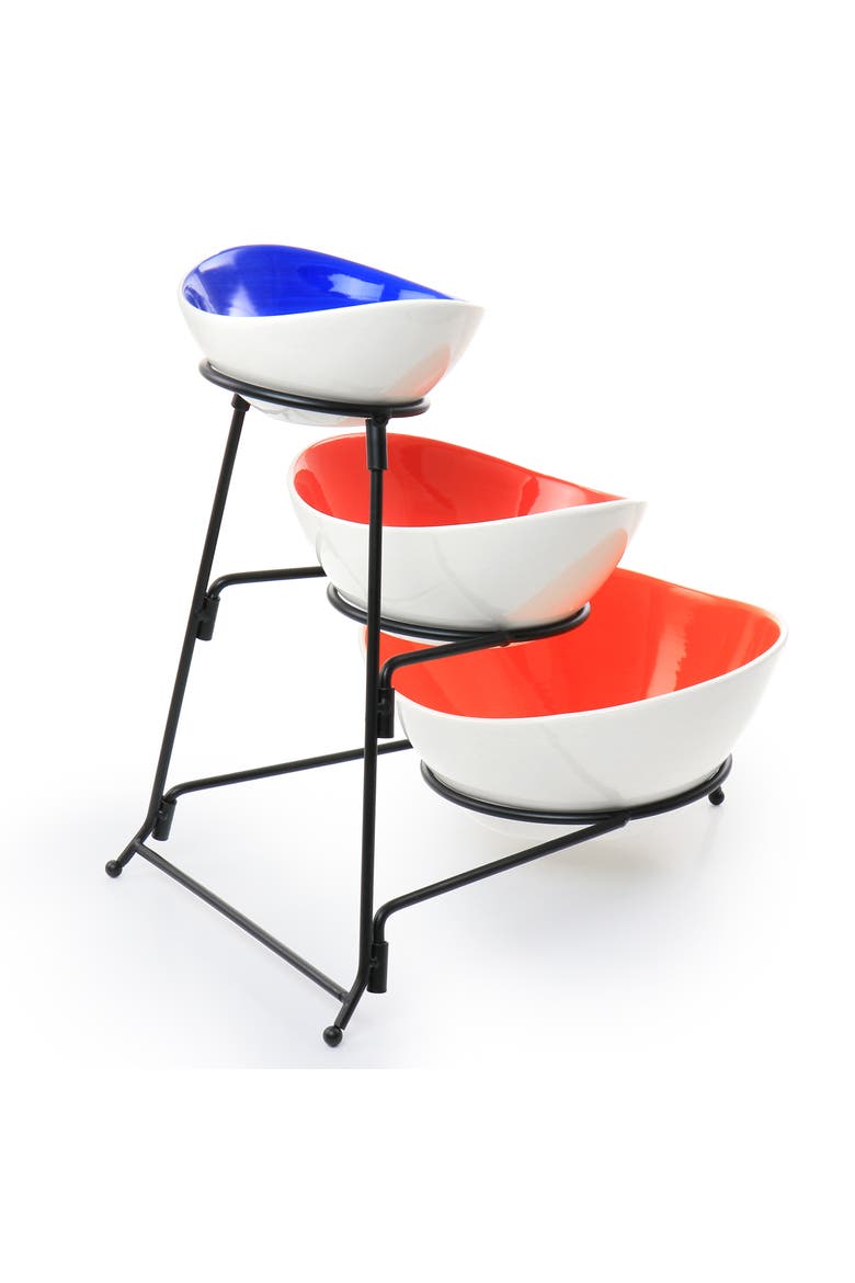 Crenshaw 4 Piece Hand Painted Stoneware 3-Tier Serving Bowl Set with Metal Rack, Alternate, color, Assorted