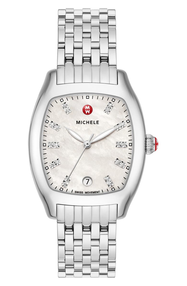 MICHELE Cushion Diamond Bracelet Watch, 40mm, Main, color, Silver