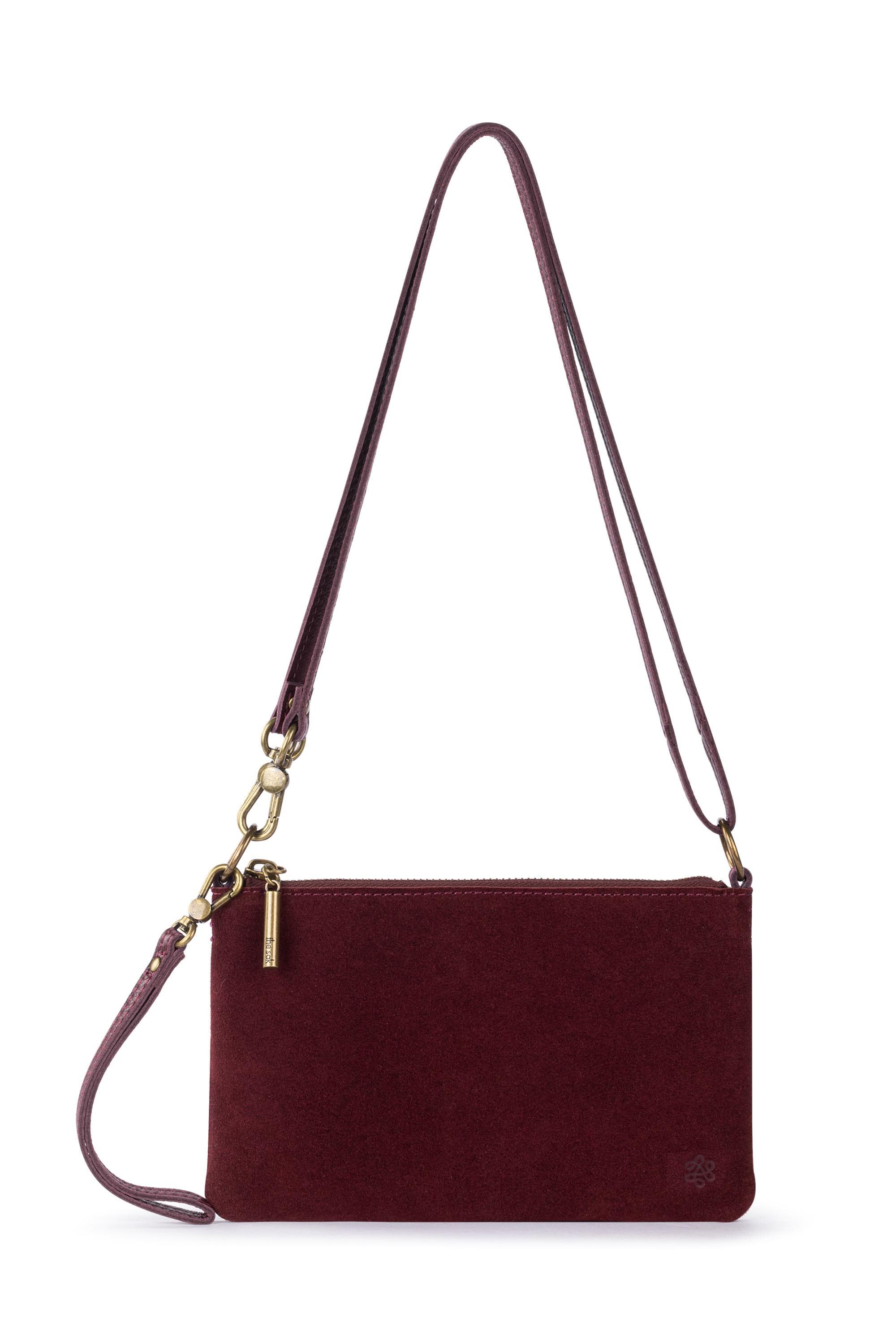Vita Hand Leather Crossbody Wristlet, Main, color, Black Cherry Suede