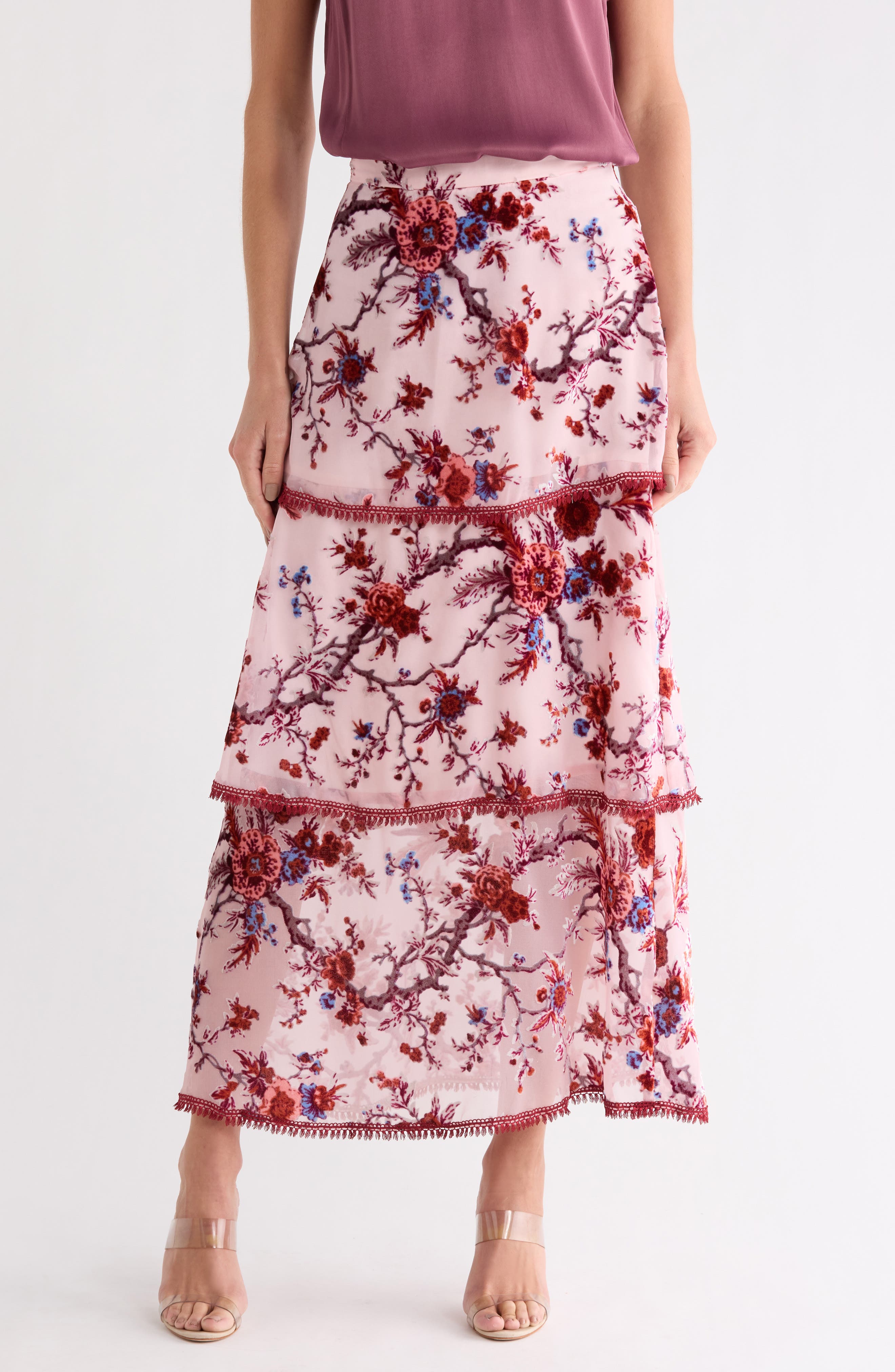 matty m. Floral Burnout Tiered Maxi Skirt