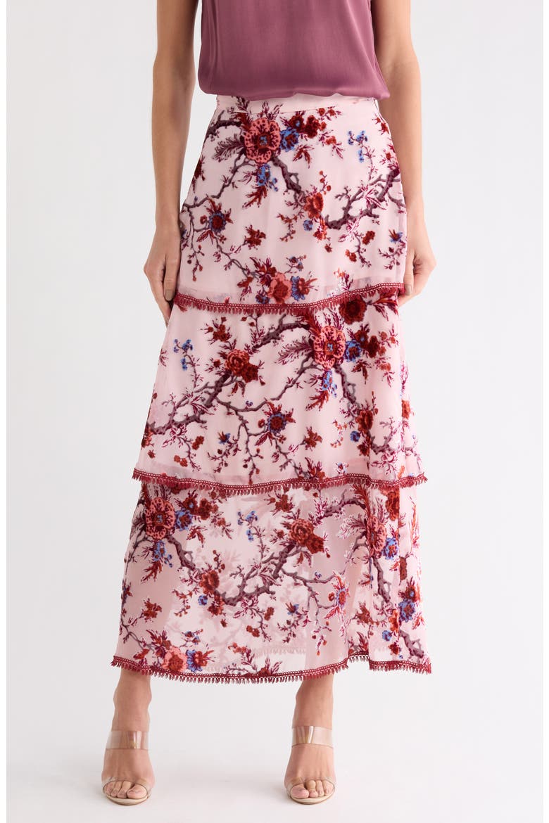 Floral Burnout Tiered Maxi Skirt, Main, color, ROSE
