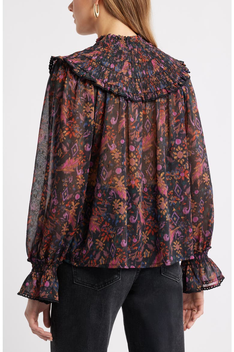 Floral Metallic Smocked Yoke Top, Alternate, color, BLACK- PURPLE ROSE TAPESTRY