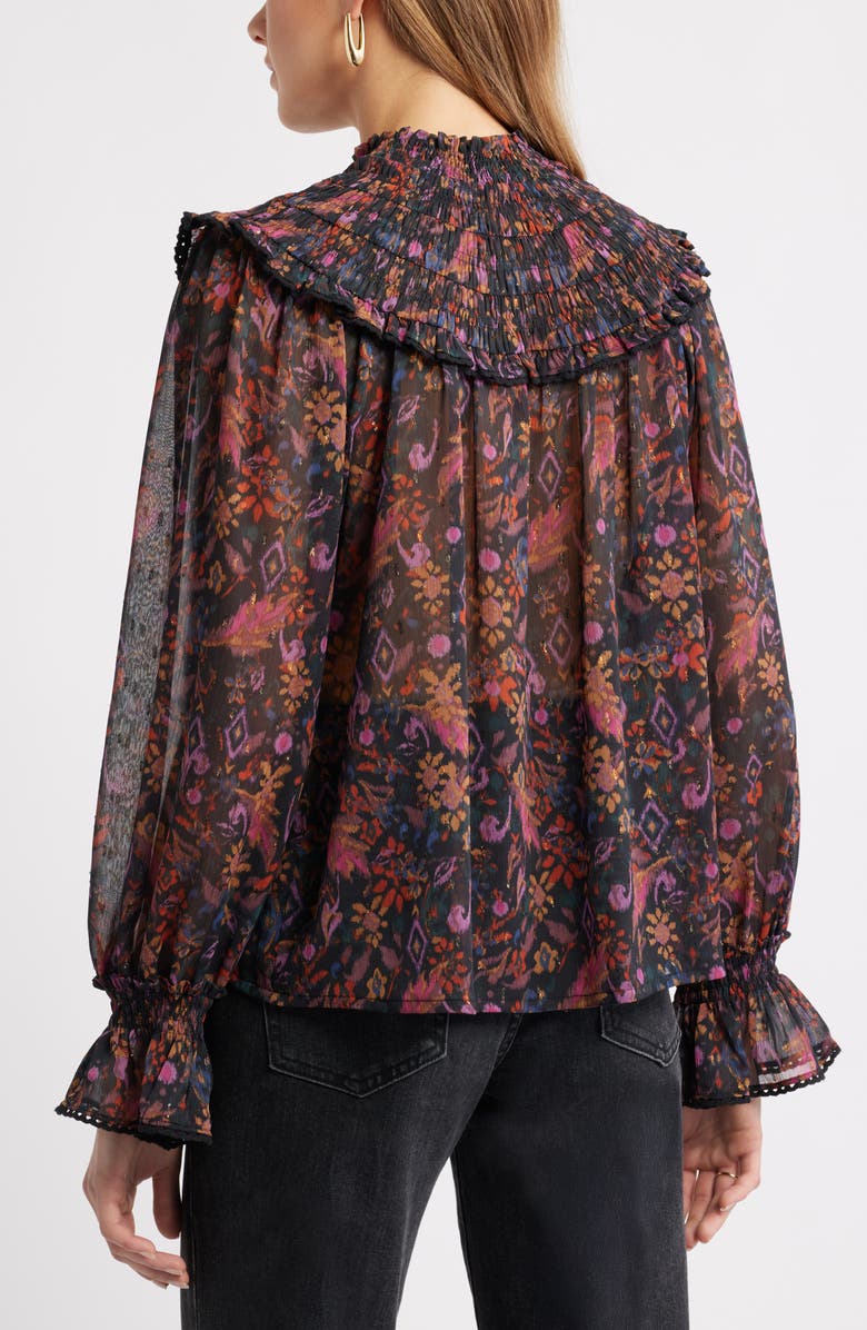 Treasure & Bond Floral Metallic Smocked Yoke Top, Alternate, color, Black- Purple Rose Tapestry
