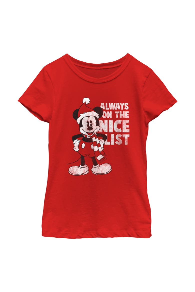 Girl's Mickey & Friends Christmas Always on the Nice List Mickey Graphic Tee, Main, color, Red