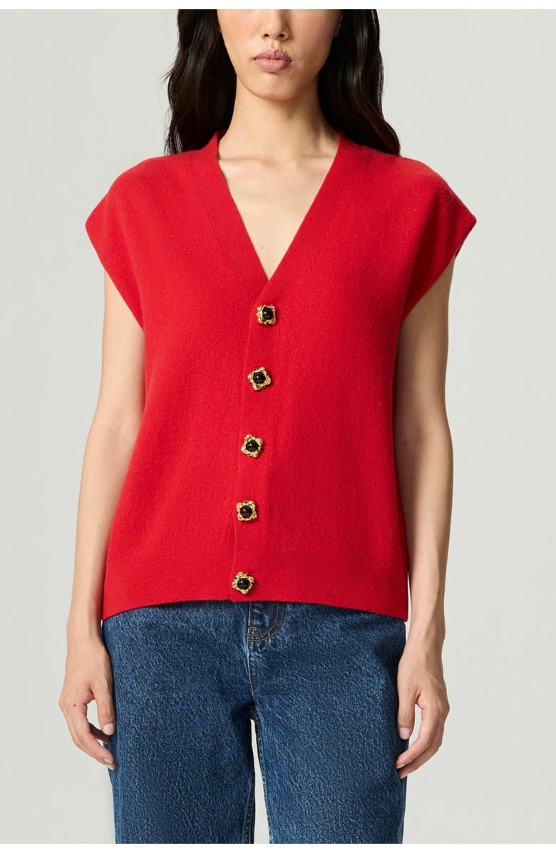 Nocturne Embellished V-Neck Knit Sweater Vest, Main, color, Red