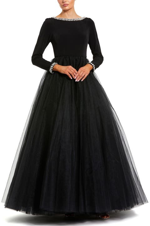 Petite Embellished Jersey Long Sleeve Ballgown With Tulle Skirt