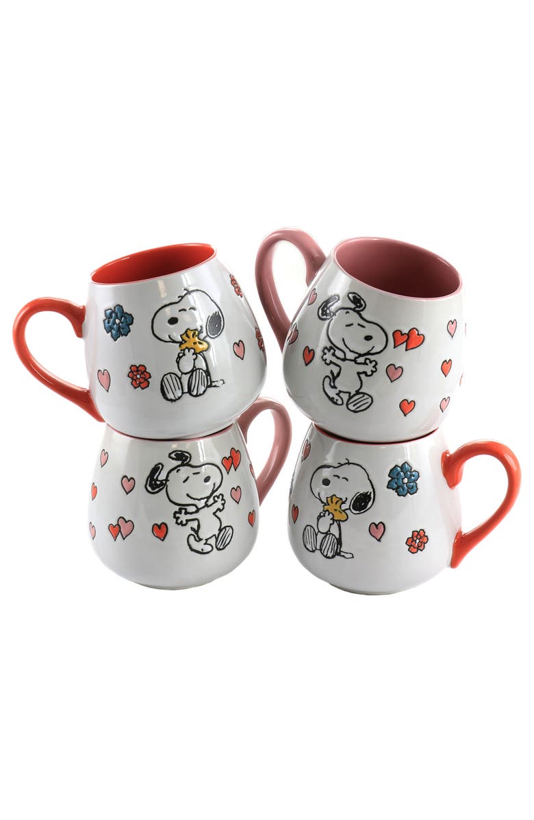 PEANUTS 4 Piece 20 Ounce Stoneware Wax Relief Cup Set in 2 Assorted Designs, Main, color, Pink