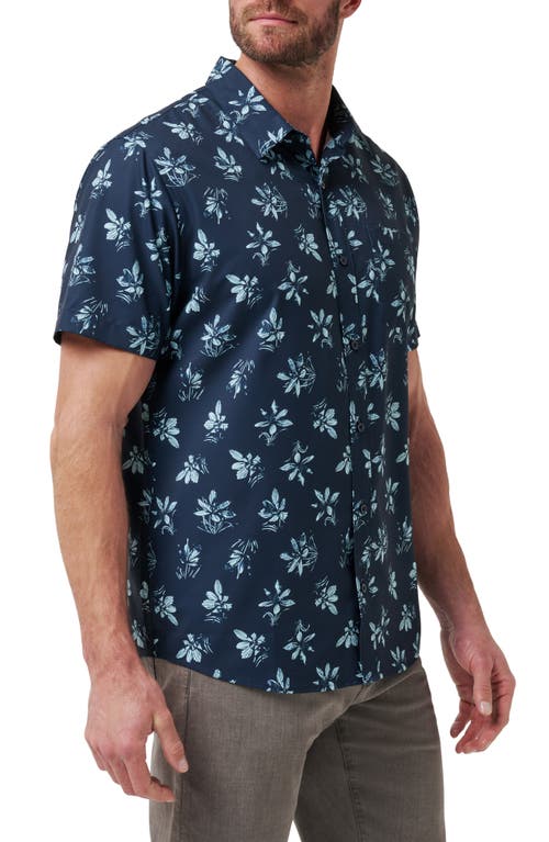 Travismathew Seamate Floral Short Sleeve Button-up Shirt In Total Eclipse/cory Blue