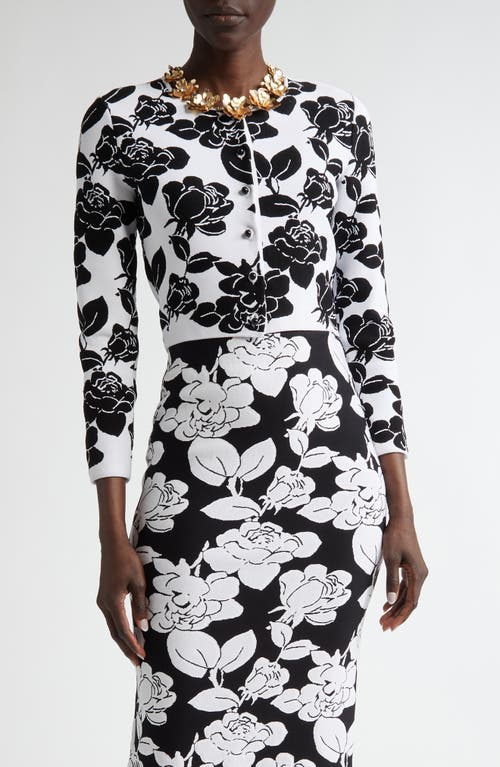 Shop Carolina Herrera Floral Jacquard Crop Cardigan In White/black