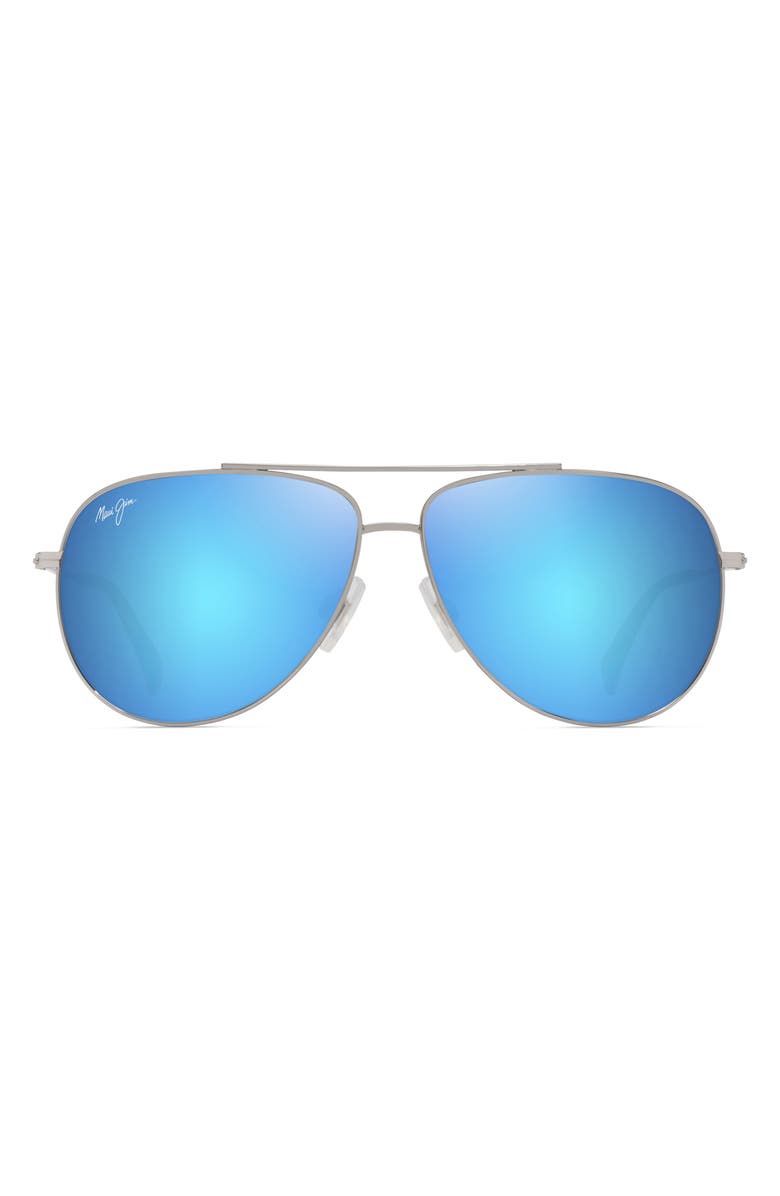 Maui Jim Hauoli 59mm Polarized Aviator Sunglasses, Main, color, Shiny Silver Blue Green