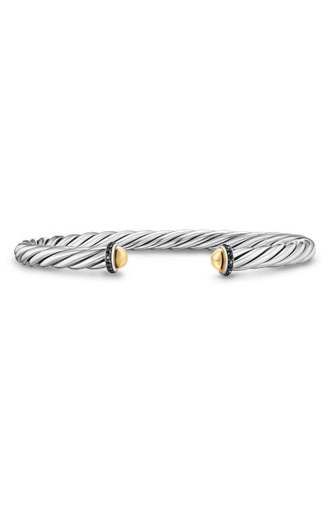 Men's Cable Cuff Bracelet in Sterling Silver with 14K Yellow Gold & Black Diamonds, 6mm