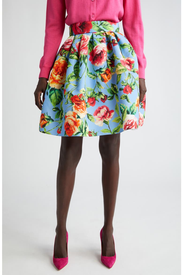 Rose Print Faille Skirt, Main, color, LAKE BLUE MULTI