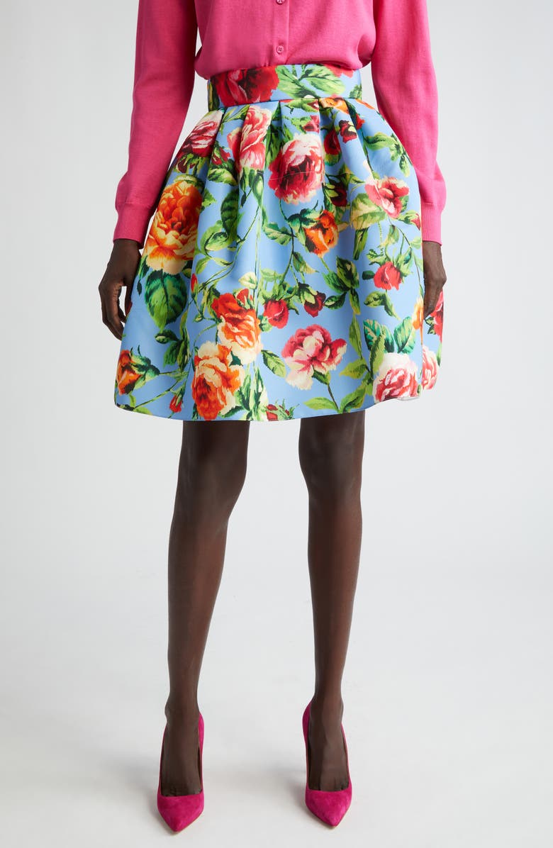 Carolina Herrera Rose Print Faille Skirt, Main, color, Lake Blue Multi