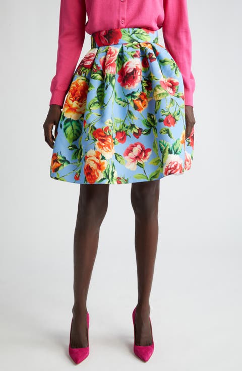 Rose Print Faille Skirt