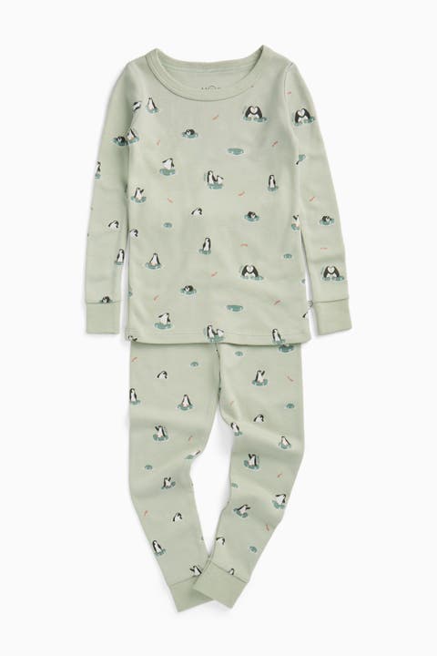 Dino Print Pyjamas With Mint Ribbed Cuff (Baby)
