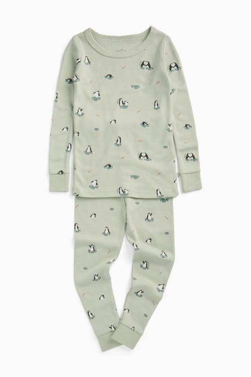Mori Kids'  Dino Print Pyjamas With Mint Ribbed Cuff In Green