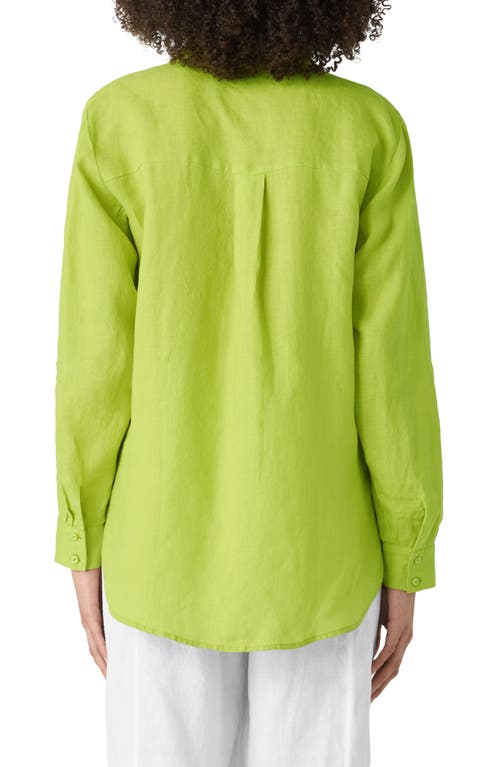 Eileen Fisher Classic Collar Organic Linen Long Button-up Shirt In Chartreuse