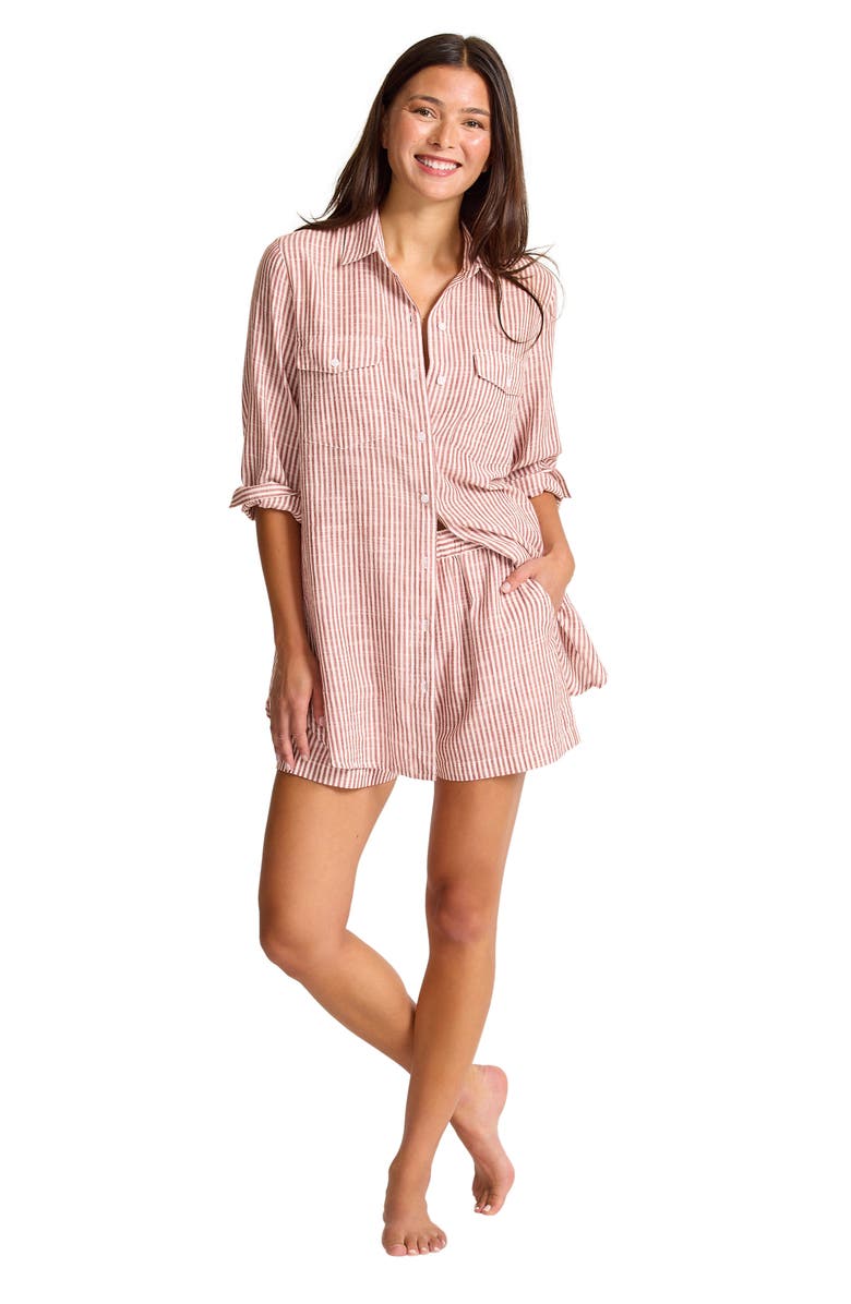 Tommy Bahama Shoreline Stripe Cotton Cover-Up Shirtdress, Alternate, color, Deep Sienna